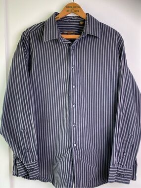BCBG Attitude Striped Long-Sleeve Button-Up Shirt Modern Fit - Dark Blue Gray XL